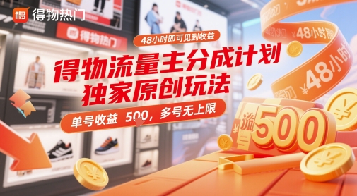 得物流量主分成计划独家原创玩法，48小时即可见到收益，单号收益5张，多号无上限-尤课网创