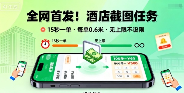 全网首发！酒店截图任务，15秒一单，每单0.6米，任务无上限不设限，矩阵操作单日3张到手【揭秘】-尤课网创