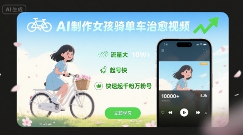AI制作女孩骑单车治愈视频，流量大，起号快，快速起千粉万粉号-尤课网创