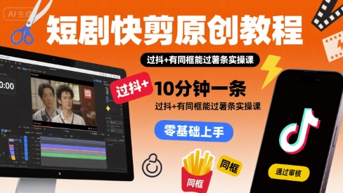 短剧快剪原创教程，10分钟一条，过抖+有同框能过薯条实操课-尤课网创