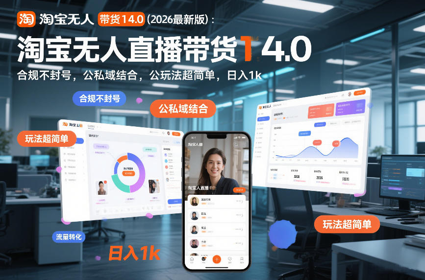 淘宝无人直播带货14.0（2026最新版）：合规不封号，公私域结合，玩法超简单，日入1k+【揭秘】-尤课网创