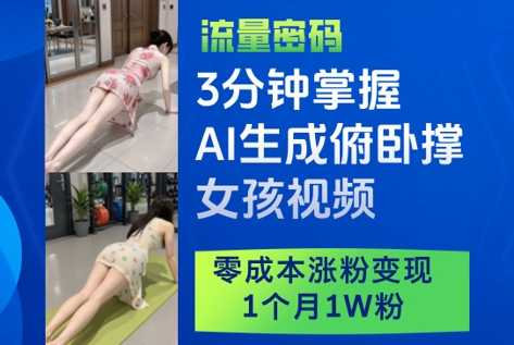 3分钟掌握AI生成俯卧撑女孩视频，零成本涨粉变现，1个月1W粉-尤课网创