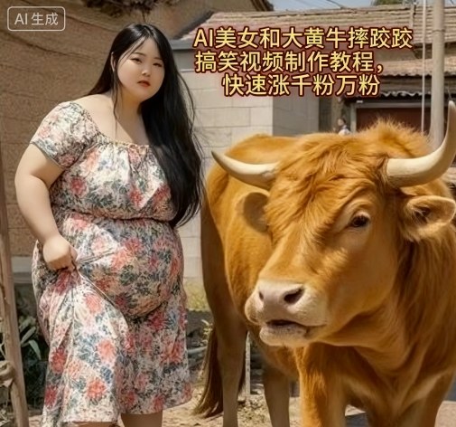 AI美女和大黄牛摔跤搞笑荒诞视频制作教程，快速涨千粉万粉-尤课网创