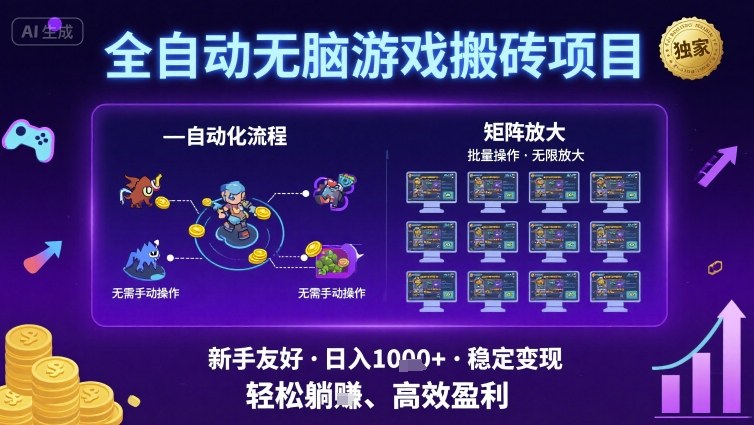 全自动无脑游戏搬砖项目，独家玩法，可批量矩阵无限放大，新手也能轻松日入1k+【揭秘】-尤课网创
