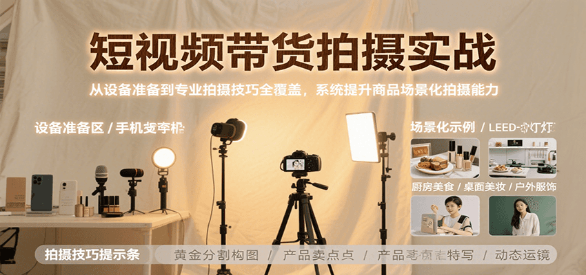 短视频带货拍摄实战，从设备准备到专业拍摄技巧全覆盖，系统提升商品场景化拍摄能力-尤课网创