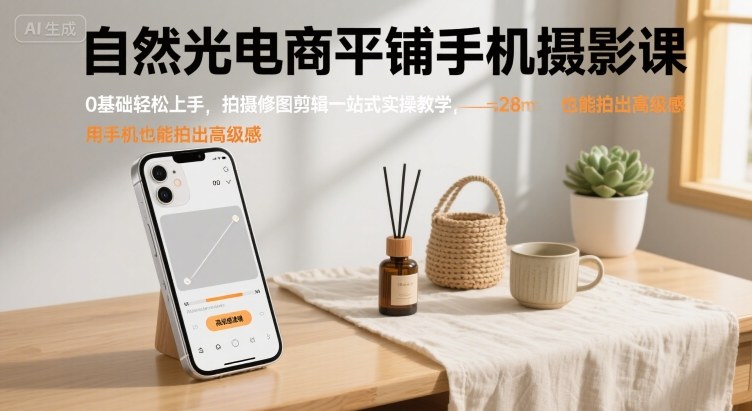 自然光电商平铺手机摄影课，0基础轻松上手，拍摄修图剪辑一站式实操教学，用手机也能拍出高级感-尤课网创