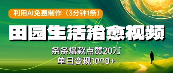 利用AI免费制作田园生活治愈视频，条条爆款点赞20W，单日变现几张-尤课网创