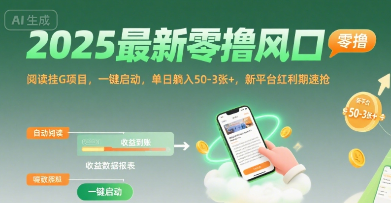 2025最新零撸风口，阅读挂G项目，一键启动，单日躺入 50-3张+，新平台红利期速抢【揭秘】-尤课网创