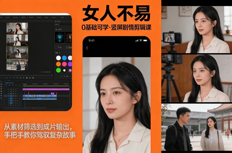 0基础可学！《女人不易》竖屏剧情剪辑课，从素材筛选到成片输出，手把手教你驾驭复杂故事-尤课网创