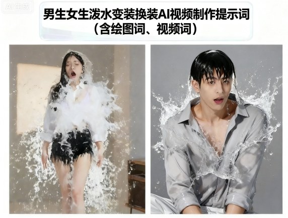 男生女生泼水变装换装AI视频制作提示词(含绘图词、视频词)-尤课网创