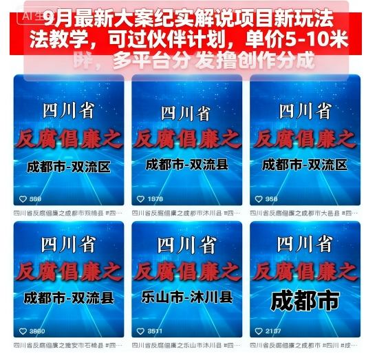 9月最新大案纪实解说项目新玩法教学,可过伙伴计划,单价5-10米,多平台分发撸创作分成-尤课网创