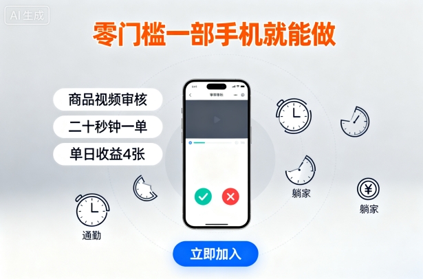 零门槛一部手机就能做，商品视频审核，通勤躺家碎片时间都能做，二十秒钟一单，单日收益4张【揭秘】-尤课网创